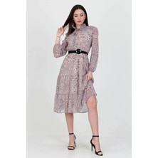 Neşeli Butik Kadın Kemerli Leopar Desenli Yeni Sezon Midi Boy Şifon Elbise APCX04