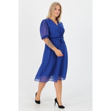 Neşeli Butik Kadın Kruvaze Yaka Midi Boy Büyük Beden Şifon Elbise NB8062