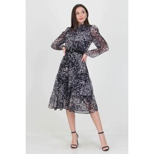 Neşeli Butik Kadın Kemerli Desenli Yeni Sezon Midi Boy Şifon Elbise APCX04