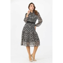 Neşeli Butik Kadıın Kemerli Yakası Bağlama Detaylı Eteği Fırfırlı Desenli Şifon Elbise APCX05