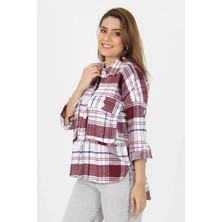 Neşeli Butik Kadın Katlanabilir Kol Cep Detaylı Ekose Oduncu Gömlek NB9020