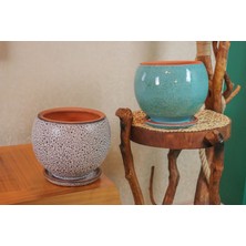 Bitki Tasarımı Ev Dekorasyon Krem Kahve Şekilli Ve Turkuaz Artistik Çift Sırlı İç Ve Dış Mekan Kullanımlı Tabaklı Toprak Terrakota Saksı Saksılık Salon Çiçeklik İkili Set