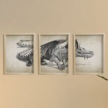 Doğal Çam Çerçeveli Duvar Tablosu Ejderha Duvar Sanatı 3'lü Tablo Seti