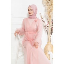 Beyza Organze Kuşaklı Tesettür Pudra Abaya Takım 3433