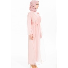 Beyza Organze Kuşaklı Tesettür Pudra Abaya Takım 3433