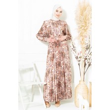 Beyza Düğmeli Kemerli Kahve Tesettür Elbise 5364