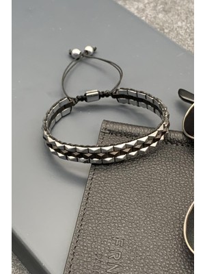 Frnch Hematit Taşlı Gümüş-Siyah Renkli Ayarlanabilir Makrome Erkek Bileklik FRJ11529-1629-A2B2