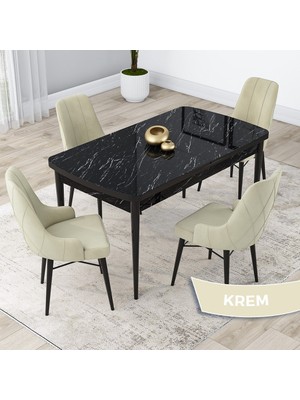 Canisa Concept Lia Serisi, 80X132 Açılabilir  Mutfak Masa Takımı, Siyah Mermer Desen Masa 4 Sandalye