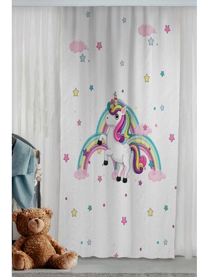 Bebişim Halı Gökkuşağı Unicorn  Yıldız ve Bulutlu Çocuk Odası Çift Kanatlı Fon Perde