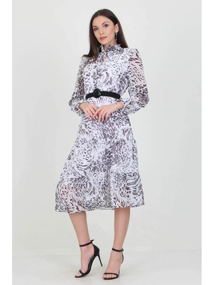 Neşeli Butik Kadın Beyaz Kemerli Yeni Sezon Midi Boy Desenli Şifon Elbise APCX04