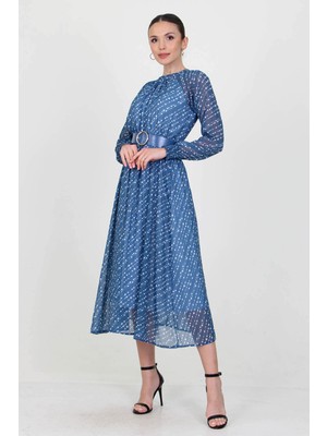 Neşeli Butik Kadın Indigo Kemerli Yaka Detaylı Uzun Şifon Elbise RY0032