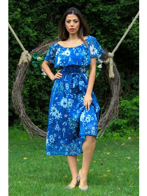 Neşeli Butik Kadın Indigo Bağlama Detaylı Madonna Yaka Şifon Elbise NB100371