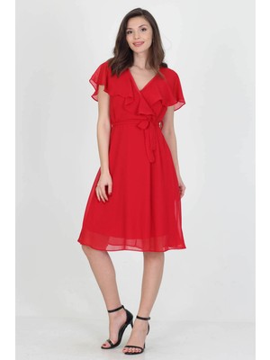 Neşeli Butik Kadın Midi Boy Yeni Sezon Kruvaze Yaka Melek Kol Şifon Elbise RY8081