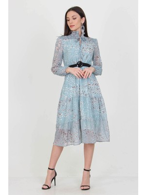 Neşeli Butik Kadın Mint Kemerli Yeni Sezon Midi Boy Desenli Şifon Elbise APCX04