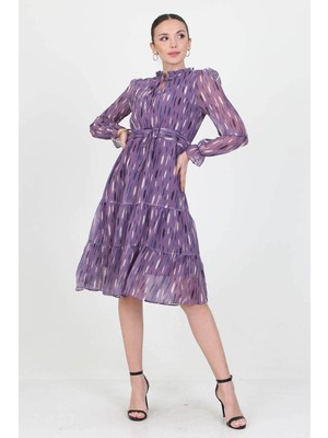 Neşeli Butik Kadın Beli Büzgülü Yakası Bağlama Detaylı Desenli Şifon Elbise RY0031