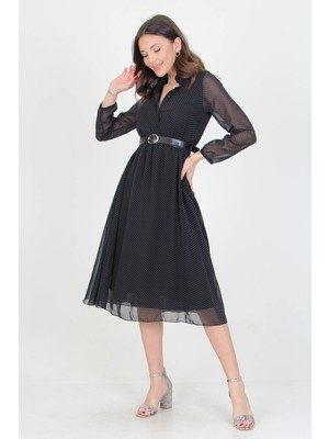 Neşeli Butik Kadın Kemer ve Düğme Detaylı Gömlek Yaka Puantiyeli Şifon Elbise RSSN01