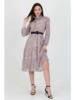 Neşeli Butik Kadın Kemerli Leopar Desenli Yeni Sezon Midi Boy Şifon Elbise APCX04