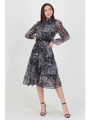Neşeli Butik Kadın Kemerli Desenli Yeni Sezon Midi Boy Şifon Elbise APCX04