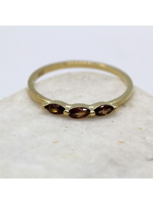 Fasek Gold Tria Altın Yüzük - 14 Ayar Altın Tria Mekik Smoky Quartz Taşlı Minimal Kadın Yüzük - Eşe Hediyelik