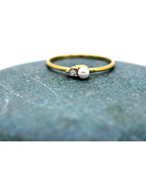 Fasek Gold İncili Altın Yüzük - 14 Ayar Altın Beyaz İnci Zirkon Taşlı Minimal Yüzük - Minimal Altın Yüzük