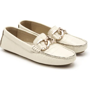 Rennahan Ekru Kadın Kroko Baskılı Deri Loafer