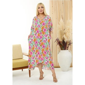 Kadın Büyük Beden Cepli V Yaka Salaş Dokuma Elbise