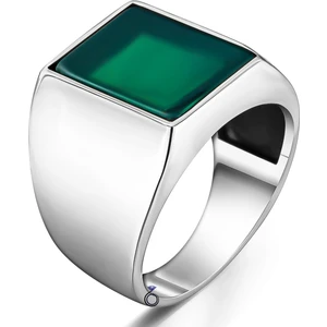 Gümüş Yeşil Akik Taşlı Sade Tasarım Erkek Yüzük