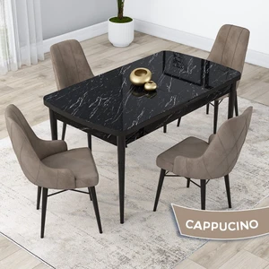 Concept Lia Serisi, 80X132 Açılabilir  Mutfak Masa Takımı, Siyah Mermer Desen Masa 4 Sandalye