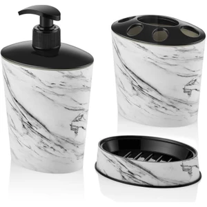 Beyaz Mermer Desen 3 Parça Banyo Lavabo Seti Diş Fırçalık Sıvı+Katı Sabunluk Kırılmaz Özel Plastik