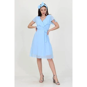 Neşeli Butik Kadın Midi Boy Yeni Sezon Kruvaze Yaka Melek Kol Şifon Elbise RY8081