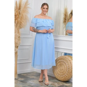 Neşeli Butik Kadın Bebe Mavisi Kuşaklı Büyük Beden Şifon Elbise NB8061