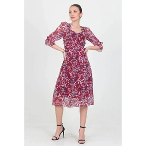 Neşeli Butik Kadın Bordo Kalp Yaka Yeni Sezon Desenli Şifon Elbise RY0030