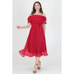 Neşeli Butik Kadın Yeni Sezon Madonna Yaka Bağlama Detaylı Şifon Elbise RY8060