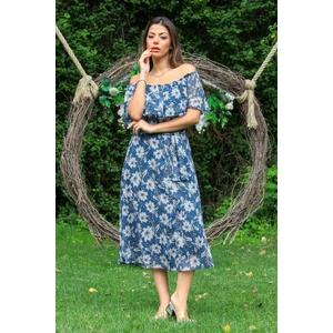 Neşeli Butik Kadın Indigo Madonna Kuşaklı Çiçek Desenli Şifon Elbise NB10037