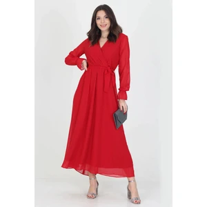 Neşeli Butik Kadın Yeni Sezon Astarlı Kruvaze Yaka Uzun Şifon Elbise NB003