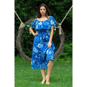 Neşeli Butik Kadın Indigo Bağlama Detaylı Madonna Yaka Şifon Elbise NB100371