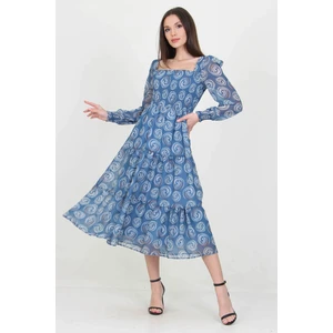 Neşeli Butik Kadın Indigo Gipeli Kare Yaka Desenli Şifon Elbise NB100361
