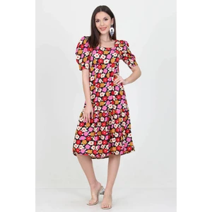 Neşeli Butik Kadın Kare Yaka Eteği Fırfırlı Çiçek Desenli Viskon Elbise NB10026