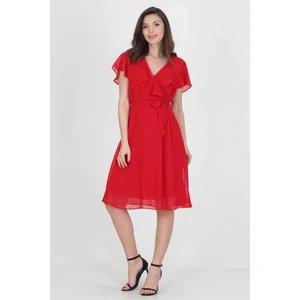 Neşeli Butik Kadın Midi Boy Yeni Sezon Kruvaze Yaka Melek Kol Şifon Elbise RY8081