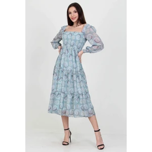 Neşeli Butik Kadın Mint Gipeli Kare Yaka Desenli Şifon Elbise NB100361