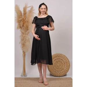 Neşeli Butik Kadın Siyah Midi Boy Madonna Yaka Şifon Hamile Elbisesi HML8060