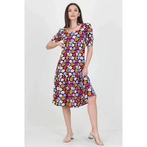 Neşeli Butik Kadın Lila Kare Yaka Eteği Fırfırlı Çiçek Desenli Viskon Elbise NB10026