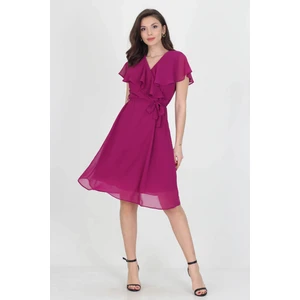 Neşeli Butik Kadın Midi Boy Yeni Sezon Kruvaze Yaka Melek Kol Şifon Elbise RY8081