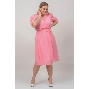Neşeli Butik Kadın Pudra Kruvaze Yaka Midi Boy Büyük Beden Şifon Elbise NB8062