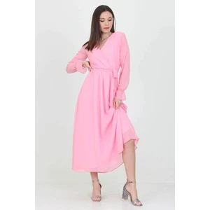 Neşeli Butik Kadın Pudra Yeni Sezon Astarlı Kruvaze Yaka Uzun Şifon Elbise NB003