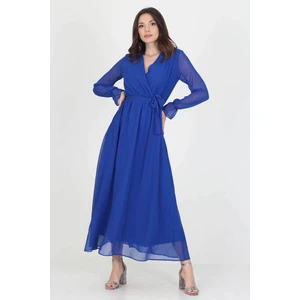 Neşeli Butik Kadın Yeni Sezon Astarlı Kruvaze Yaka Uzun Şifon Elbise NB003