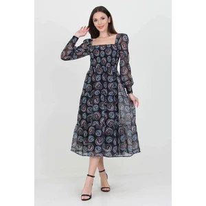 Neşeli Butik Siyah Kadın Siyah Gipeli Kare Yaka Desenli Şifon Elbise NB100361