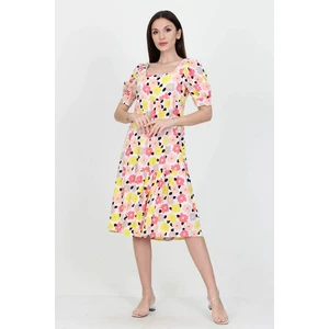 Neşeli Butik Kadın Sarı Kare Yaka Eteği Fırfırlı Çiçek Desenli Viskon Elbise NB10026