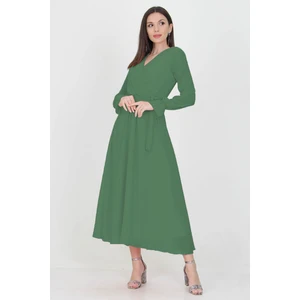 Neşeli Butik Kadın Kruvaze Yaka Zümrüt Yeşili Uzun Şifon Elbise KTS003