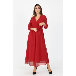 Neşeli Butik Kadın Kruvaze Yaka Bağlama Detaylı Yeni Sezon Uzun Şifon Elbise KTS003